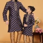 Father and Son Matching Dress Kurta Pyjama Family Dress Dark Blue & Gold RKL-2754-141747