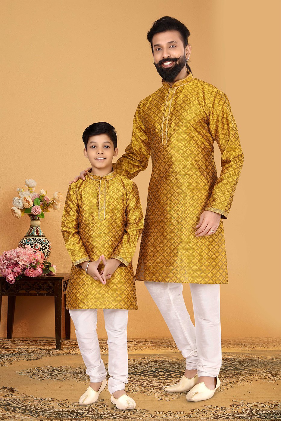 Father and Son Matching Dress Kurta Pyjama Family Dress Gold RKL ...