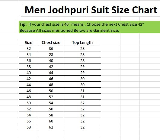 Men Jodhpuri Size chart