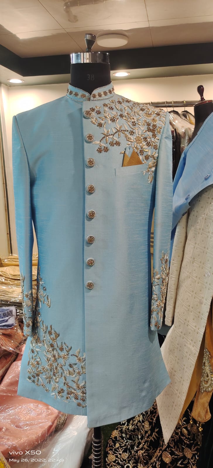 Jacquard Fabric Wedding Wear Readymade Navy Blue Color Jodhpuri Suit For Men