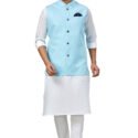 Modi Jacket for Men Customized Kurta Pajama with Jacket White Light Blue KLP-MDJT-54-54001