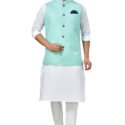 Modi Jacket for Men Customized Kurta Pajama with Jacket White Light Green KLP-MDJT-54-54003