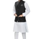 Modi Jacket for Men Customized Kurta Pajama with Jacket White Black KLP-MDJT-54-54007