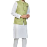 Modi Jacket for Men Customized Kurta Pajama with Jacket White Peas Green KLP-MDJT-54-54011