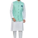Modi Jacket for Men Customized Kurta Pajama with Jacket White Light Green KLP-MDJT-54-54012