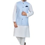 Modi Jacket for Men Customized Kurta Pajama with Jacket White Light Blue KLP-MDJT-54-54013