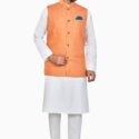 Modi Jacket for Men Customized Kurta Pajama with Jacket White Orange KLP-MDJT-54-54017