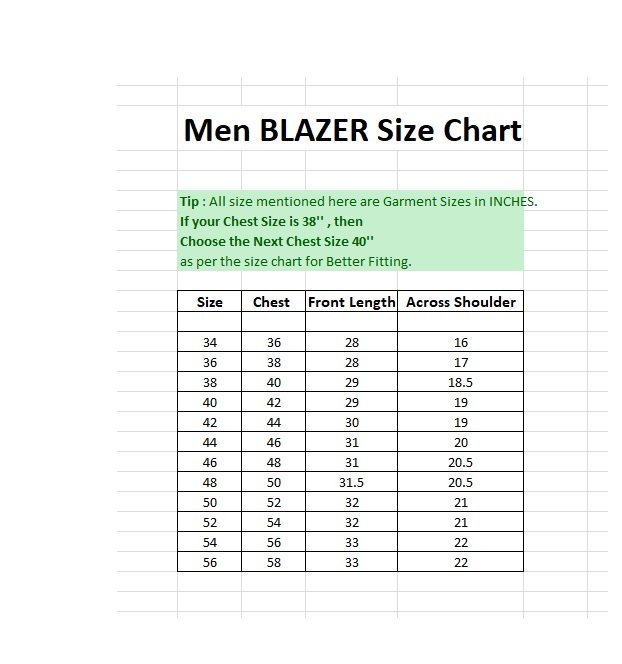 men blazer suit size chart