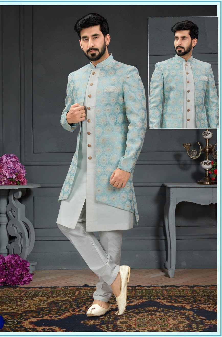 Indo Western Dress For Men Stone Blue RKL-RBZ-22-2210 Men Reception Dress –  iBuyFromIndia