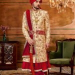 Anarkali Sherwani for Groom RKL-AKS-4677-156621 Gold Maroon Anarkali Style Sherwani for Men Wedding