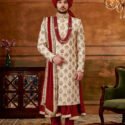 Anarkali Sherwani for Groom RKL-AKS-4677-156623 Cream Maroon Anarkali Style Sherwani for Men Wedding