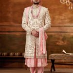 Anarkali Sherwani for Groom RKL-AKS-4677-156643 Cream Pink Anarkali Style Sherwani for Men Wedding