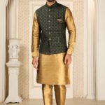 Modi Jacket for Men Kurta Pajama Jacket Set Gold Beetle Green Customized Plus Size Dress for Men RKL-MD-4606-155898