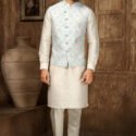 Modi Jacket for Men Kurta Pajama Jacket Set Cream Light Blue Customized Plus Size Dress for Men RKL-MD-4606-155913