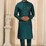 Modi Jacket for Men Kurta Pajama Jacket Set Greenish Blue Customized Plus Size Dress for Men RKL-MD-4607-155933