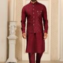 Modi Jacket for Men Kurta Pajama Jacket Set Maroon Customized Plus Size Dress for Men RKL-MD-4607-155934