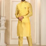 Modi Jacket for Men Kurta Pajama Jacket Set Yellow Customized Plus Size Dress for Men RKL-MD-4607-155938