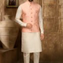 Modi Jacket for Men Kurta Pajama Jacket Set Cream Peach Customized Plus Size Dress for Men RKL-MD-4607-155944