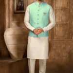 Modi Jacket for Men Kurta Pajama Jacket Set Cream Aquamarine Customized Plus Size Dress for Men RKL-MD-4607-155946