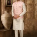Modi Jacket for Men Kurta Pajama Jacket Set Cream Pink Customized Plus Size Dress for Men RKL-MD-4607-155949