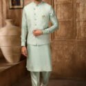 Modi Jacket for Men Kurta Pajama Jacket Set Light Green Customized Plus Size Dress for Men RKL-MD-4607-155965