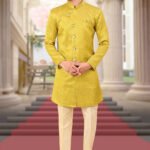Indo Western Dress For Men Yellow Cream RKL-4902-158444 Men Reception Dress