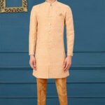 Indo Western Dress For Men Peach Gold RKL-4902-158448 Men Reception Dress