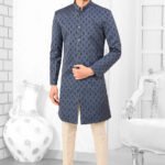 Indo Western Dress For Men Navy Blue Cream RKL-4902-158457 Men Reception Dress