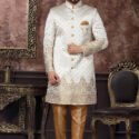 Indo Western Dress For Men Cream Gold RKL-IW-4980-158997 Men Reception Dress