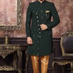 Indo Western Dress For Men Dark Green Gold RKL-IW-4981-159018 Men Reception Dress