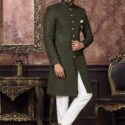 Indo Western Dress For Men Dark Green White RKL-IW-4981-159025 Men Reception Dress