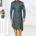 Indo Western Dress For Men Bluish Green Gold RKL-5503-162513 Men Reception Dress