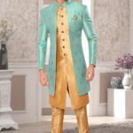 Indo Western Dress For Men Light Bluish Green Gold RKL-5503-162514 Men Reception Dress