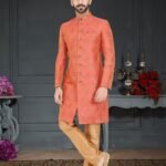 Indo Western Dress For Men Orange Gold RKL-RBZ-27-2725 Men Reception Dress