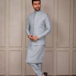 Modi Jacket for Men Kurta Pajama Jacket Set Blue Grey Customized Plus Size Dress for Men RKL-MD-RBZ-3809