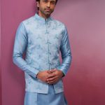 Modi Jacket for Men Kurta Pajama Jacket Set Sky Blue Customized Plus Size Dress for Men RKL-MD-RBZ-3822