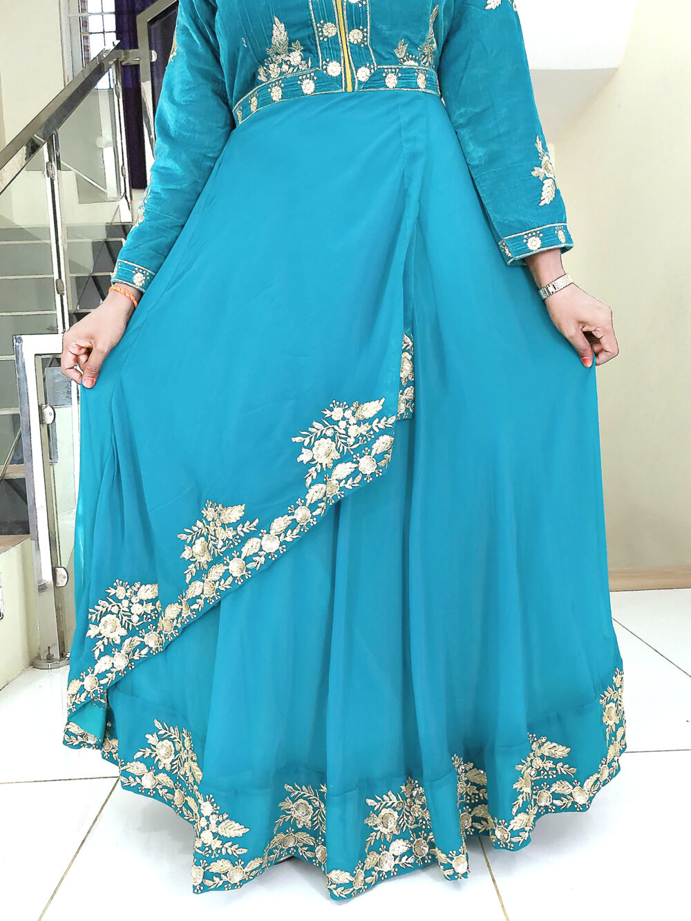 Long Gown IBI-9990WMN Bluish Green Indo Western Gown for Women