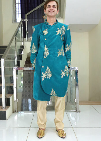 Men Dress IBI-9990MN Bluish Green Men Velvet Sherwani