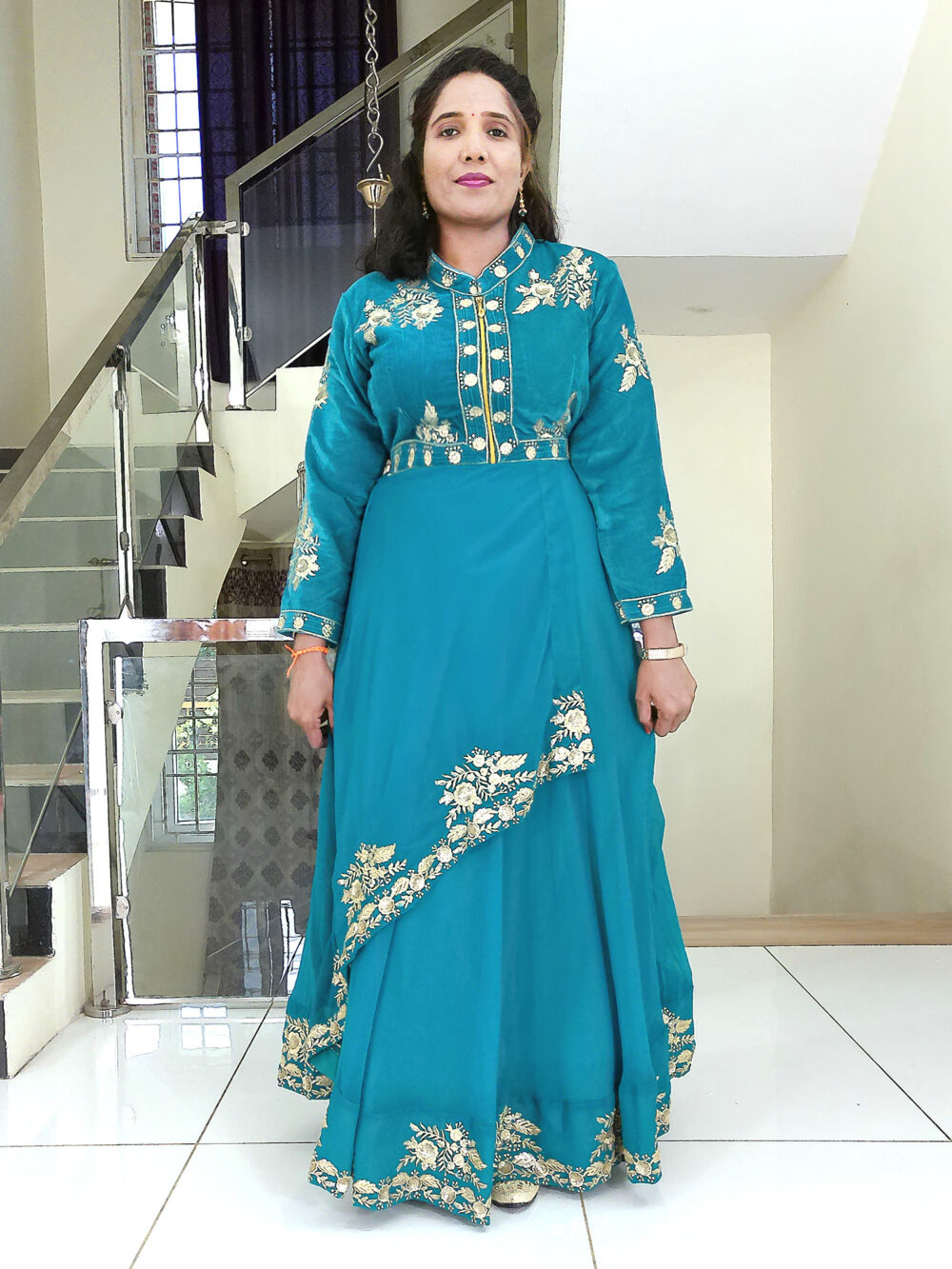Long Gown IBI-9990WMN Bluish Green Indo Western Gown for Women