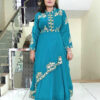 Long Gown IBI-9990WMN Bluish Green Indo Western Gown for Women