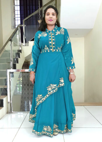 Long Gown IBI-9990WMN Bluish Green Indo Western Gown for Women