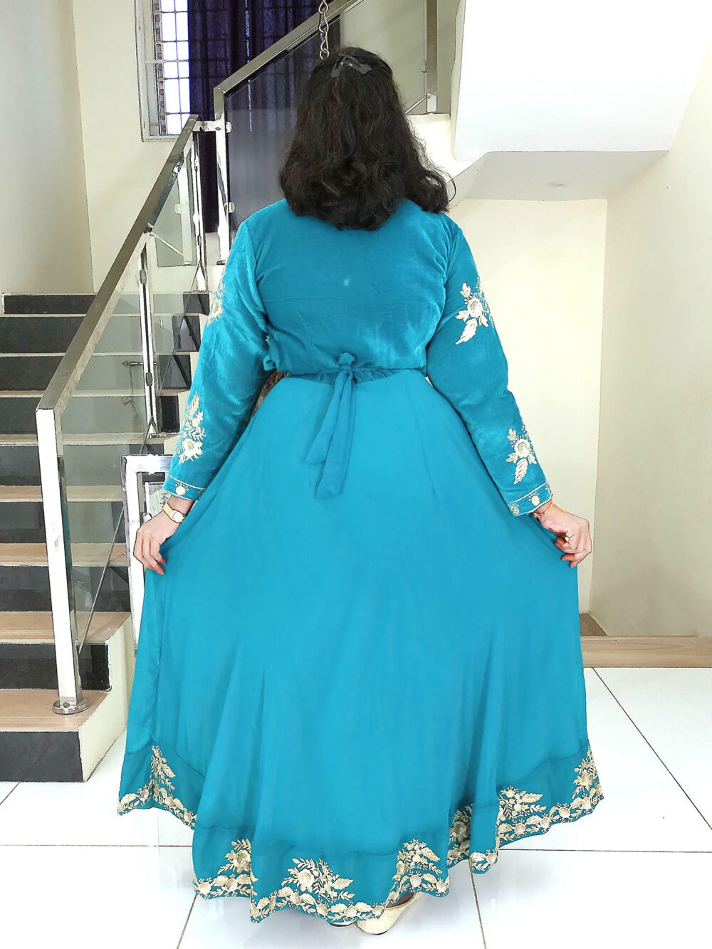 Long Gown IBI-9990WMN Bluish Green Indo Western Gown for Women
