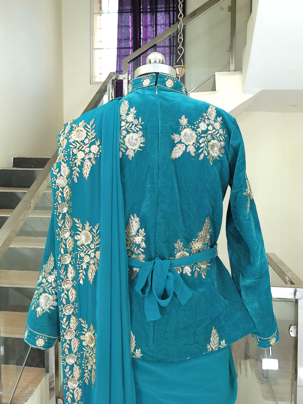 Readymade Saree IBI-9990SRE Bluish Green 2 Min Ready to Wear Saree with Stitched Blouse