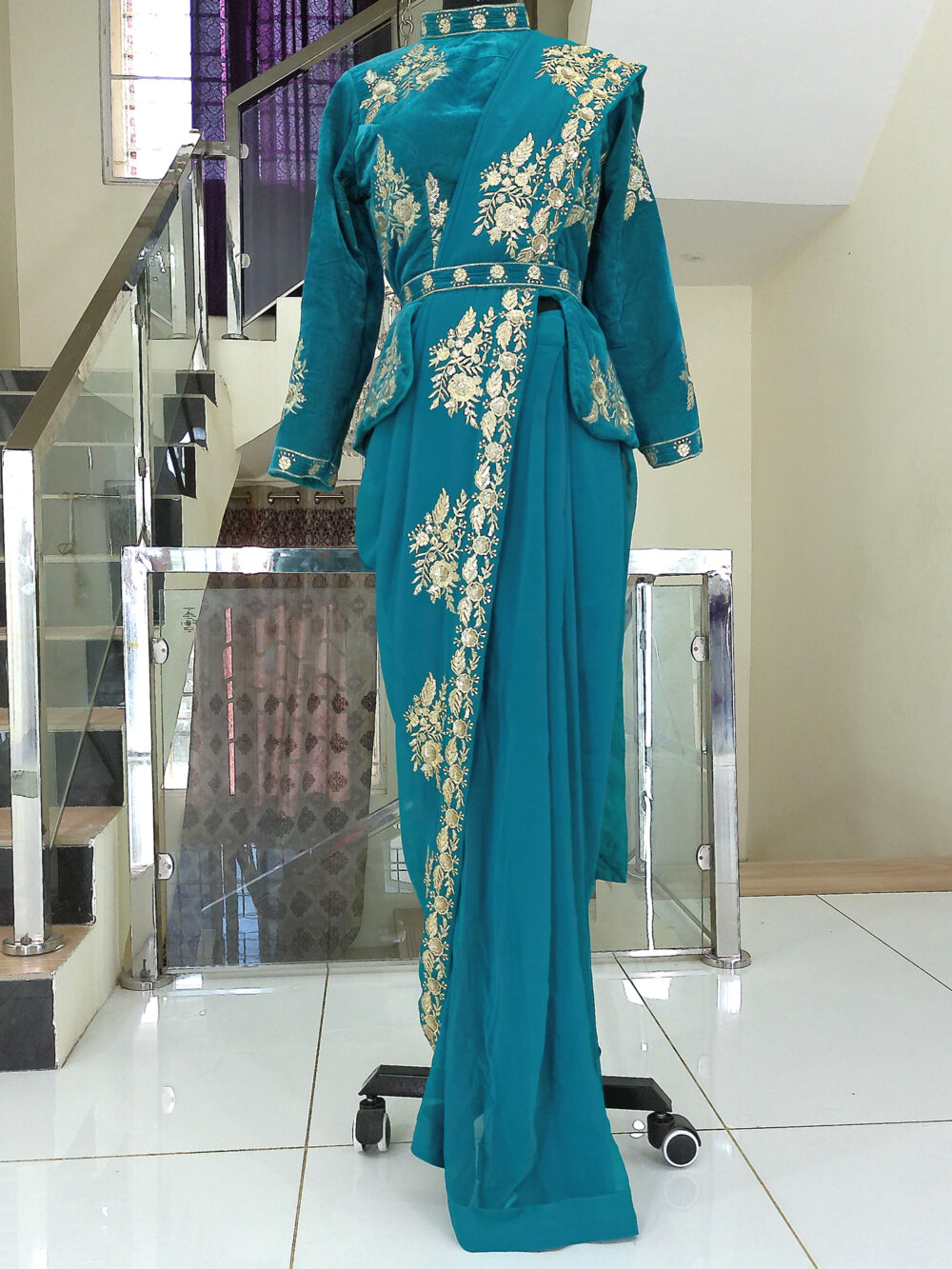 Readymade Saree IBI-9990SRE Bluish Green 2 Min Ready to Wear Saree with Stitched Blouse