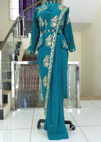 Readymade Saree IBI-9990SRE Bluish Green 2 Min Ready to Wear Saree with Stitched Blouse