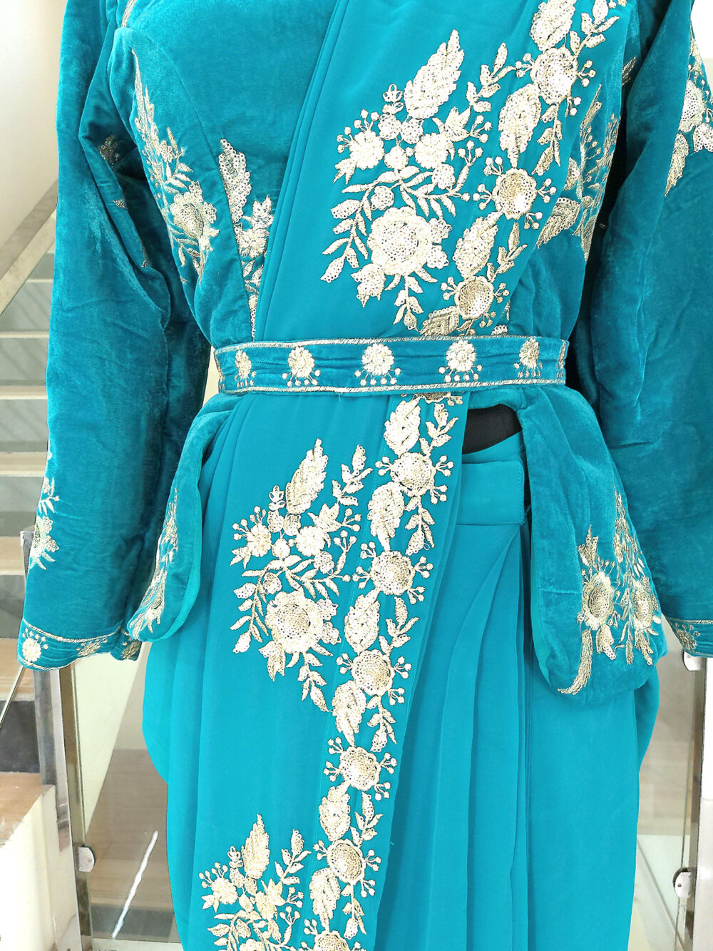 Readymade Saree IBI-9990SRE Bluish Green 2 Min Ready to Wear Saree with Stitched Blouse