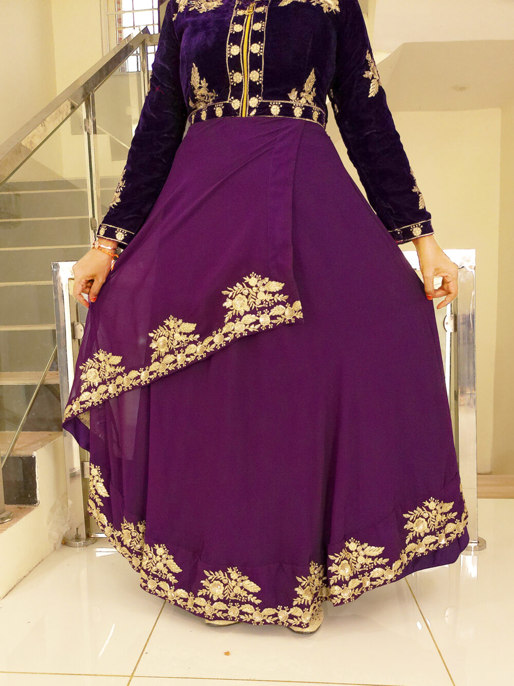 Long Gown IBI-9994WMN Violet Indo Western Gown for Women