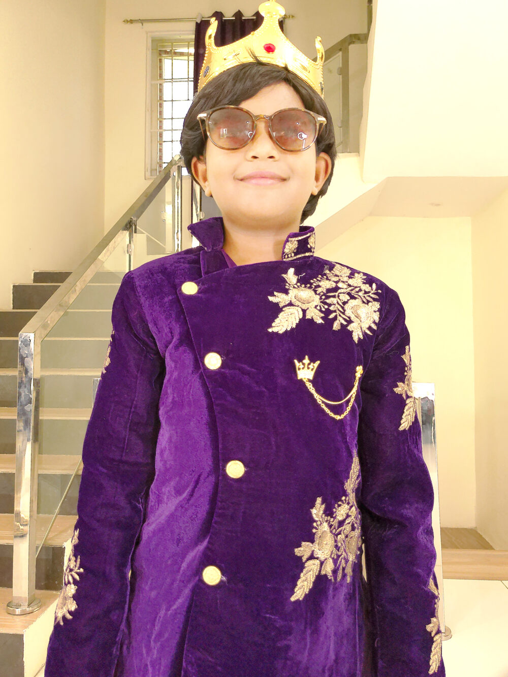 Boy Birthday Dress IBI-9990BY Violet Velvet Sherwani For Boy