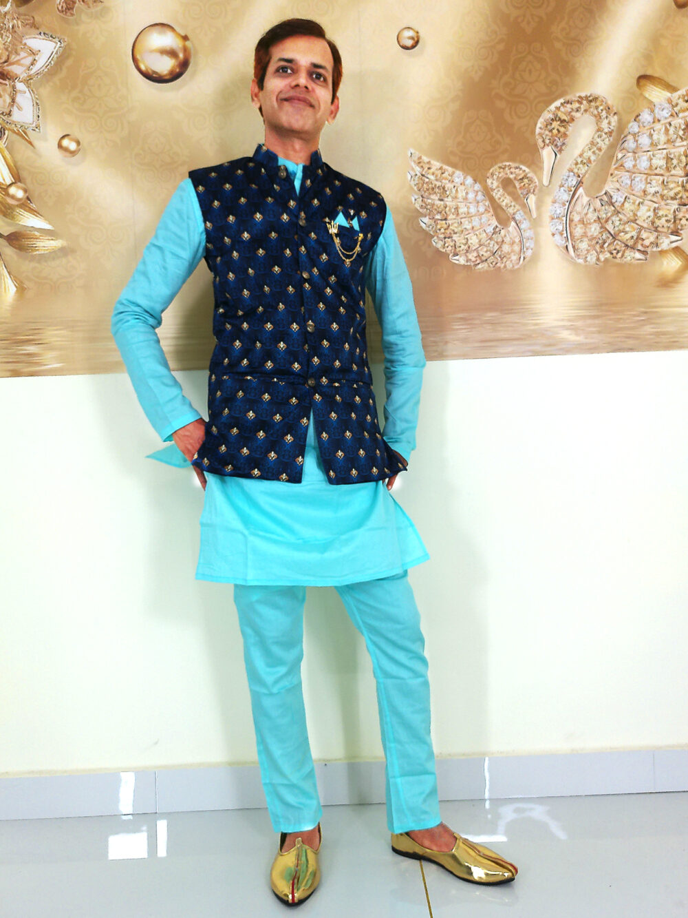 Men Dress IBI-9991MN Sky Blue Navy Blue Kurta Pajama Modi Jacket Set for Men