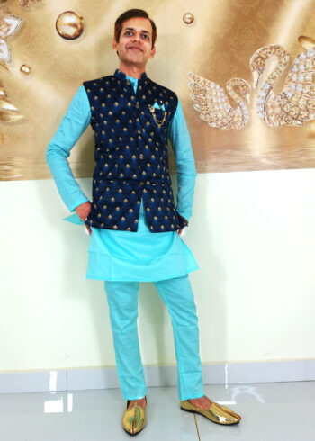 Men Dress IBI-9991MN Sky Blue Navy Blue Kurta Pajama Modi Jacket Set for Men